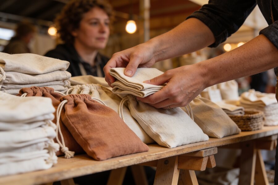 A market stallholder's hands folding handmade linen bags