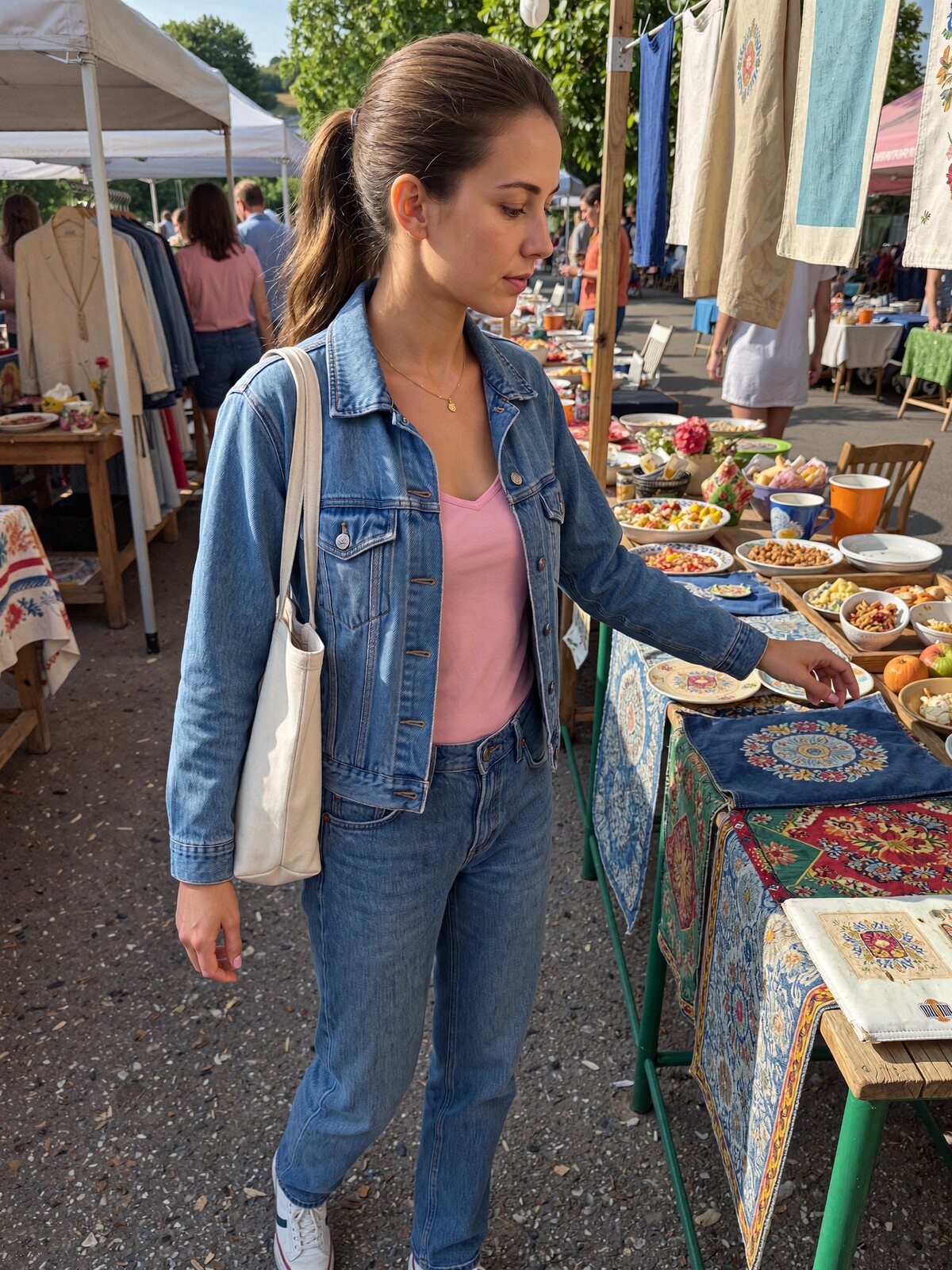 Lucy Harper browsing an outdoor market stall on a summer morning